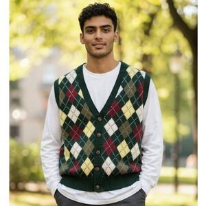 Vintage 90's Mens‎ Argyle Sweater Vest XL Green Wool Blend Knit Academia